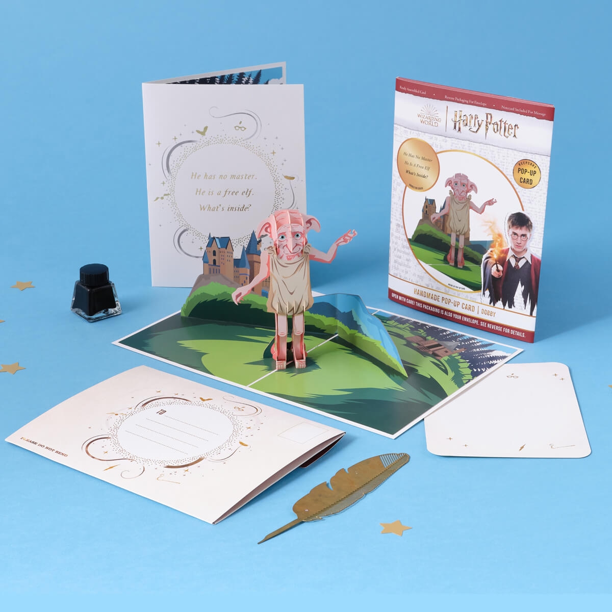 Harry Potter Dobby Pop Up Card by Cardology - image of the 3D open with Hogwarts envelope and notecard