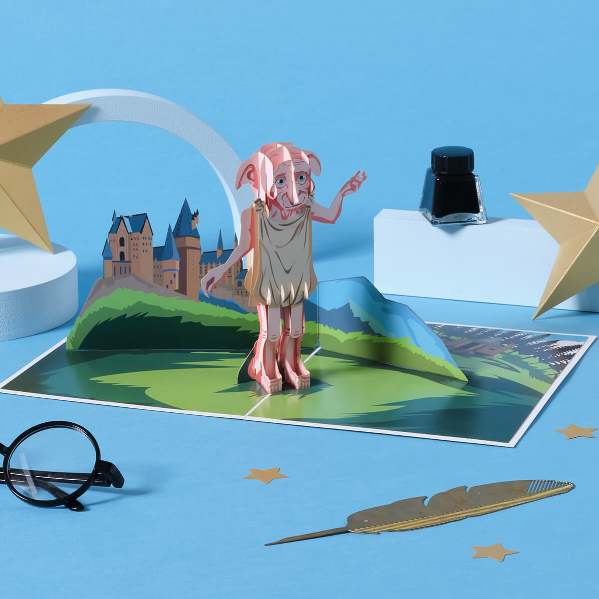 Harry Potter Dobby 3D Card by Cardology - lifestyle image with Harry Potter themed decorations