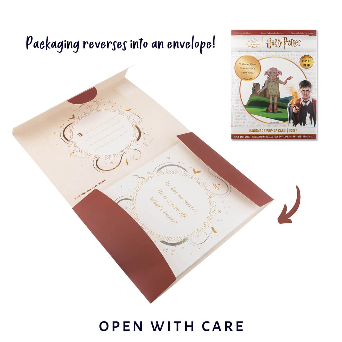 Harry Potter Dobby Pop Up Card by Cardology - packaging which reverses into a hogwarts themed envelope