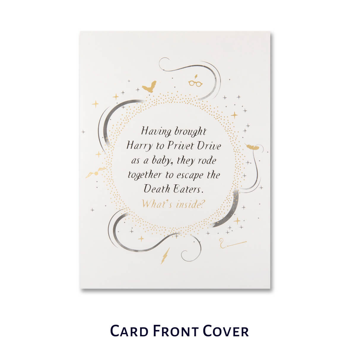 Harry Potter Hagrid Pop Up Card by Cardology - Happee Birthdae 3D Card - image of card front cover which has a riddle in gold foiled text 'Having brought Harry to Privet Drive as a baby, they rode together to escape the Death Eaters. What's Inside?'