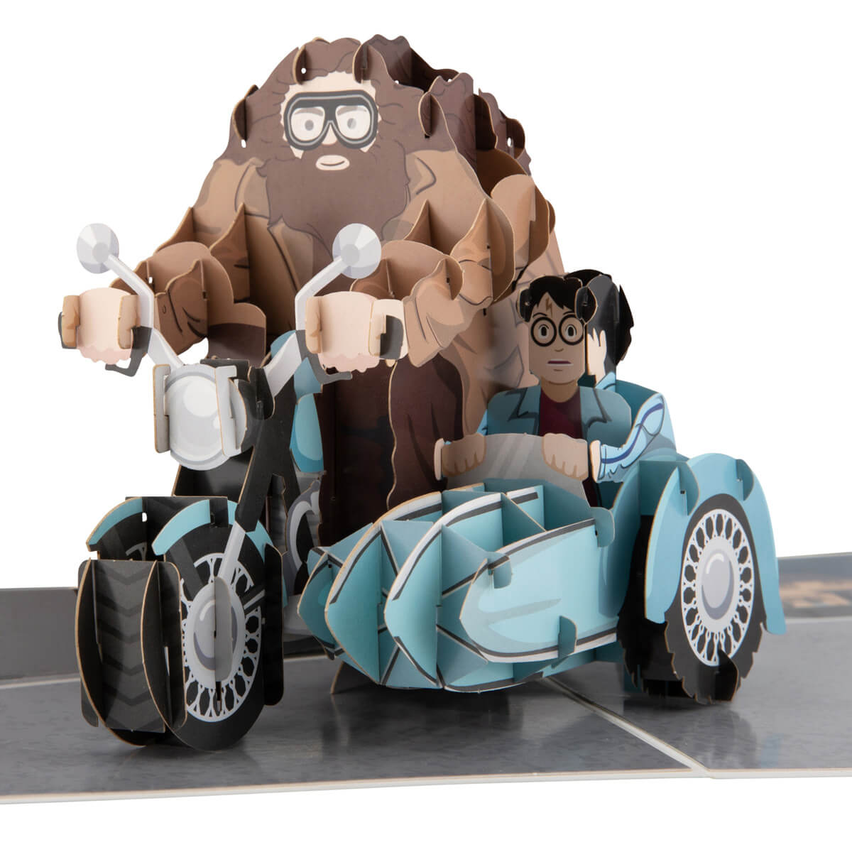 Harry Potter Hagrid Pop Up Card by Cardology - Happee Birthdae 3D Card - Close up image of card showing Hagrid and Harry Potter riding on his motorbike down Privet Drive.