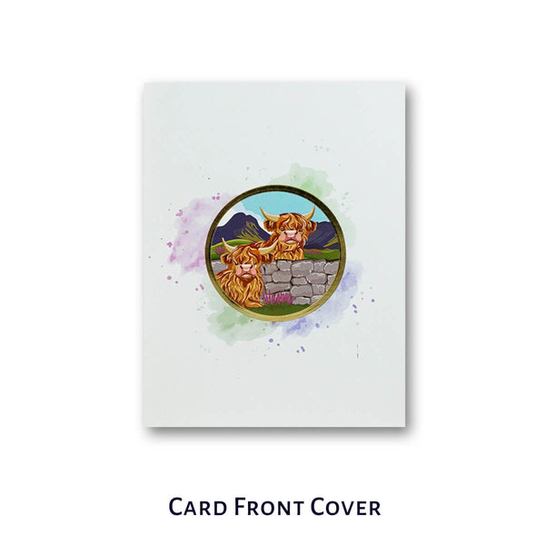 Card front cover with a highland cow illustration on a white background