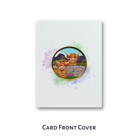 Card front cover with a highland cow illustration on a white background