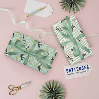 Battersea Cats Birthday Gift Wrap Pack of 4 sheets, 2 patterns for Cat Lovers - Charity gift wrapping paper - lifestyle image showing the two patterns
