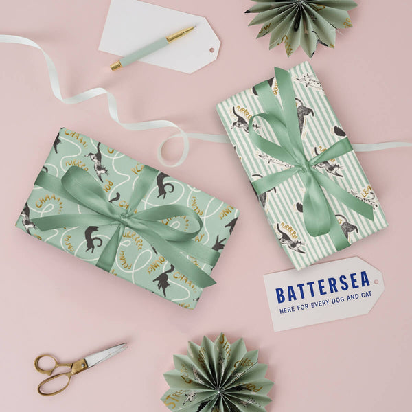 Battersea Cats Birthday Gift Wrap Pack of 4 sheets, 2 patterns for Cat Lovers - Charity gift wrapping paper - lifestyle image showing the two patterns
