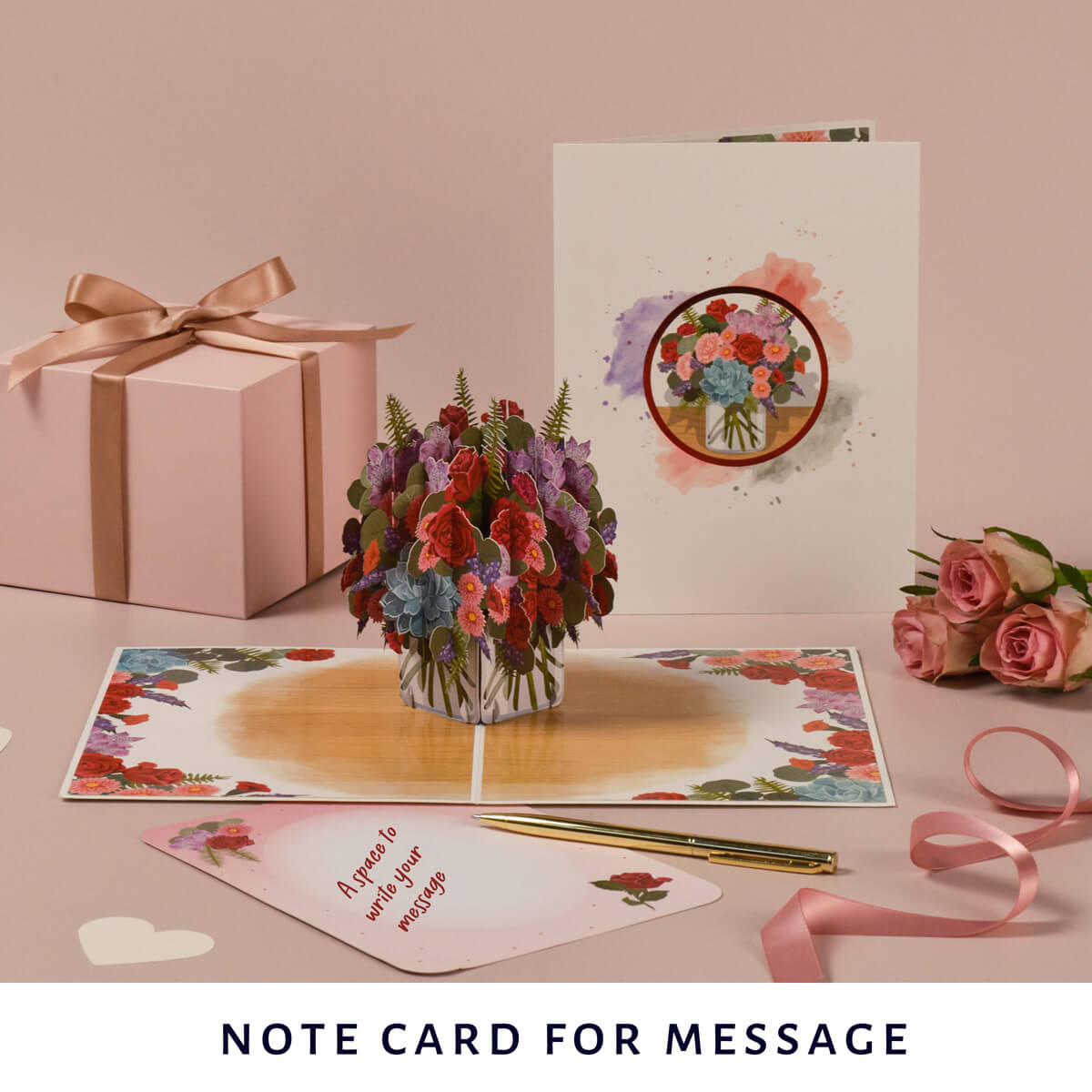 Love Bouquet Pop Up Card by Cardology - lifestyle image of 3D roses in a vase card open with the included notecard