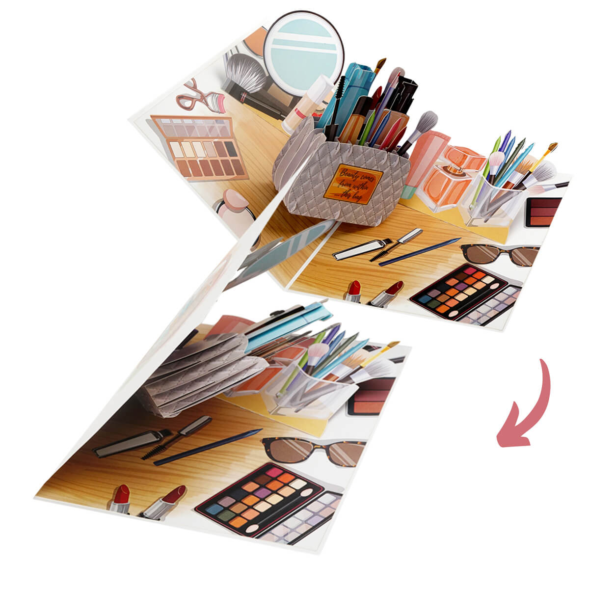 makeup bag pop up card for tweens, teenagers and women. Perfect for makeup lovers, beauty enthusiasts and influencers. 3D card contains a makeup bag filled with makeup against a backdrop of a vanity table. Image of the 3D card closing