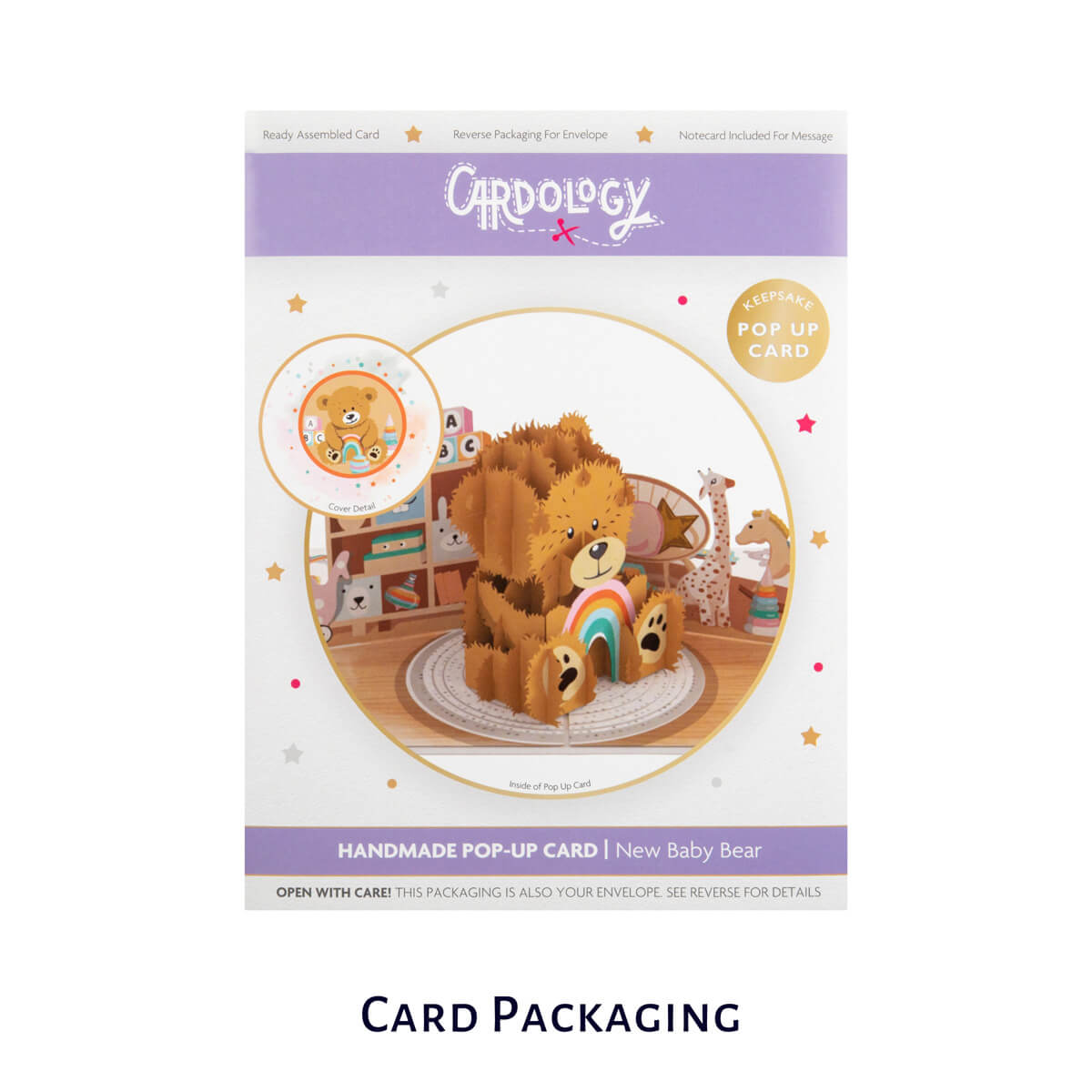 image of Cardology New Baby Bear Pop Up Card packaging which converts into a reversible envelope