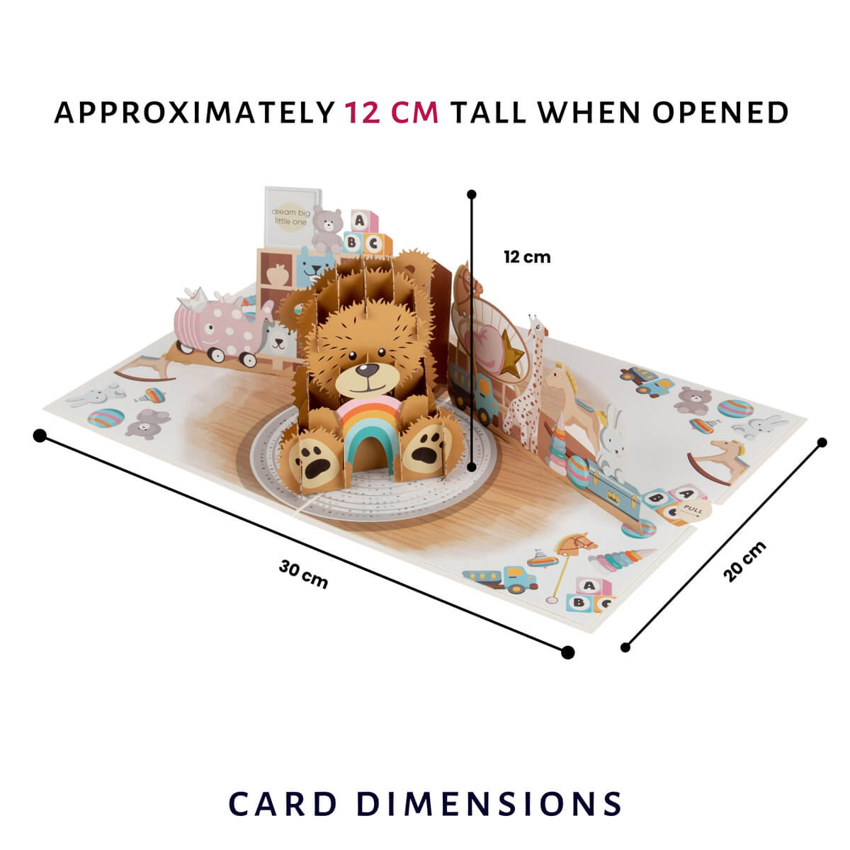 Image of Cardology New Baby Bear Pop Up Card dimensions which is 30cm (l) x 20cm (w) and 12cm (h) when opened.