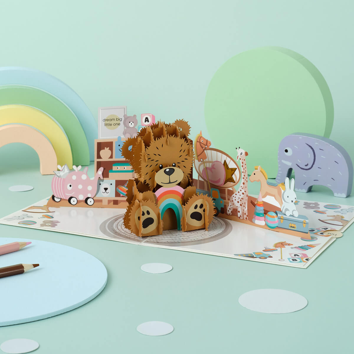 Image of Cardology New Baby Bear Pop Up Card which is also perfect as a first birthday card and gift.  Image shows card fully open