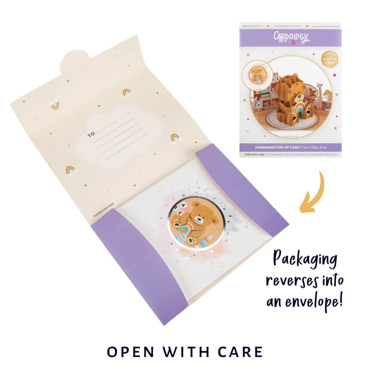 Image of Cardology New Baby Bear Pop Up Card reversible packaging which converts into a beautifully designed envelope
