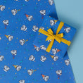 Load image into Gallery viewer, Original Stormtrooper Birthday Gift Wrap Set Pattern 2 which has Stormtroopers with party hats on and lightning bolts on a blue background
