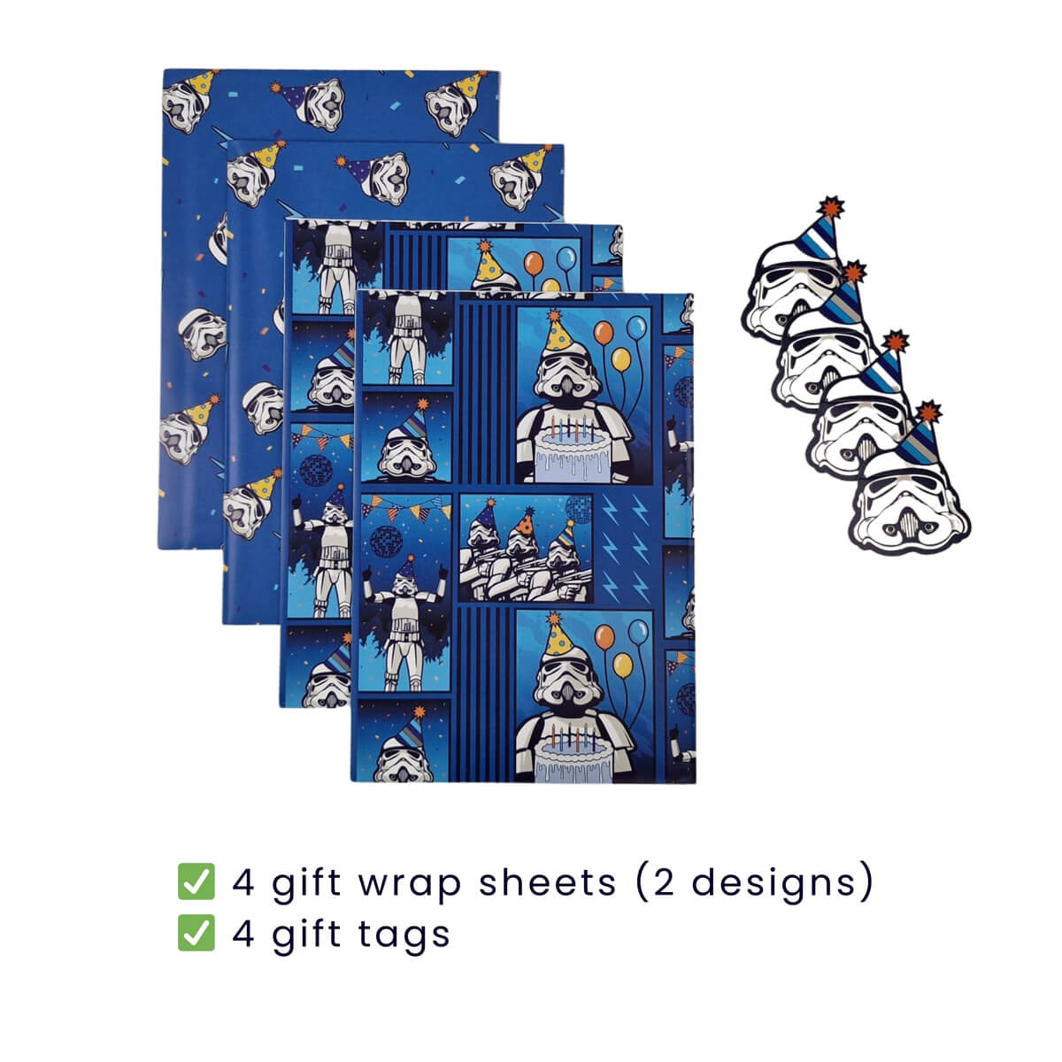 Original Stormtrooper Birthday Gift Wrap Set - Image showing 4 sheets, tags and different designs