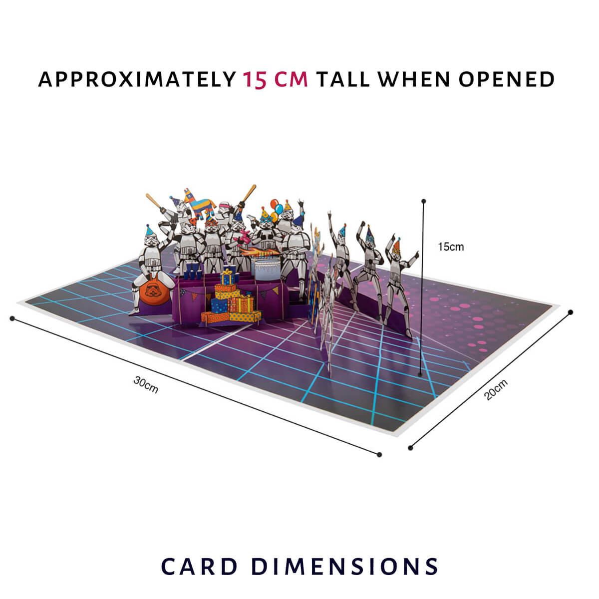 Original Stormtrooper Birthday Party Pop Up Card by Cardology - image of dimensions which are approximately 30cm (l) x 20cm (w) x 15cm (h)