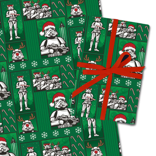 Original Stormtrooper Christmas Gift Wrap Pack of 4 sheets and 2 designs - Green and white
