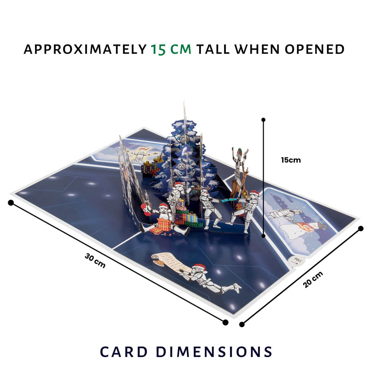 Original Stormtrooper Christmas Pop Up Card for Star Wars fans - image of dimensions when the card is open.  The card measures 30cm (l) x 20cm (w) and the pop up part is approximately 15cm high