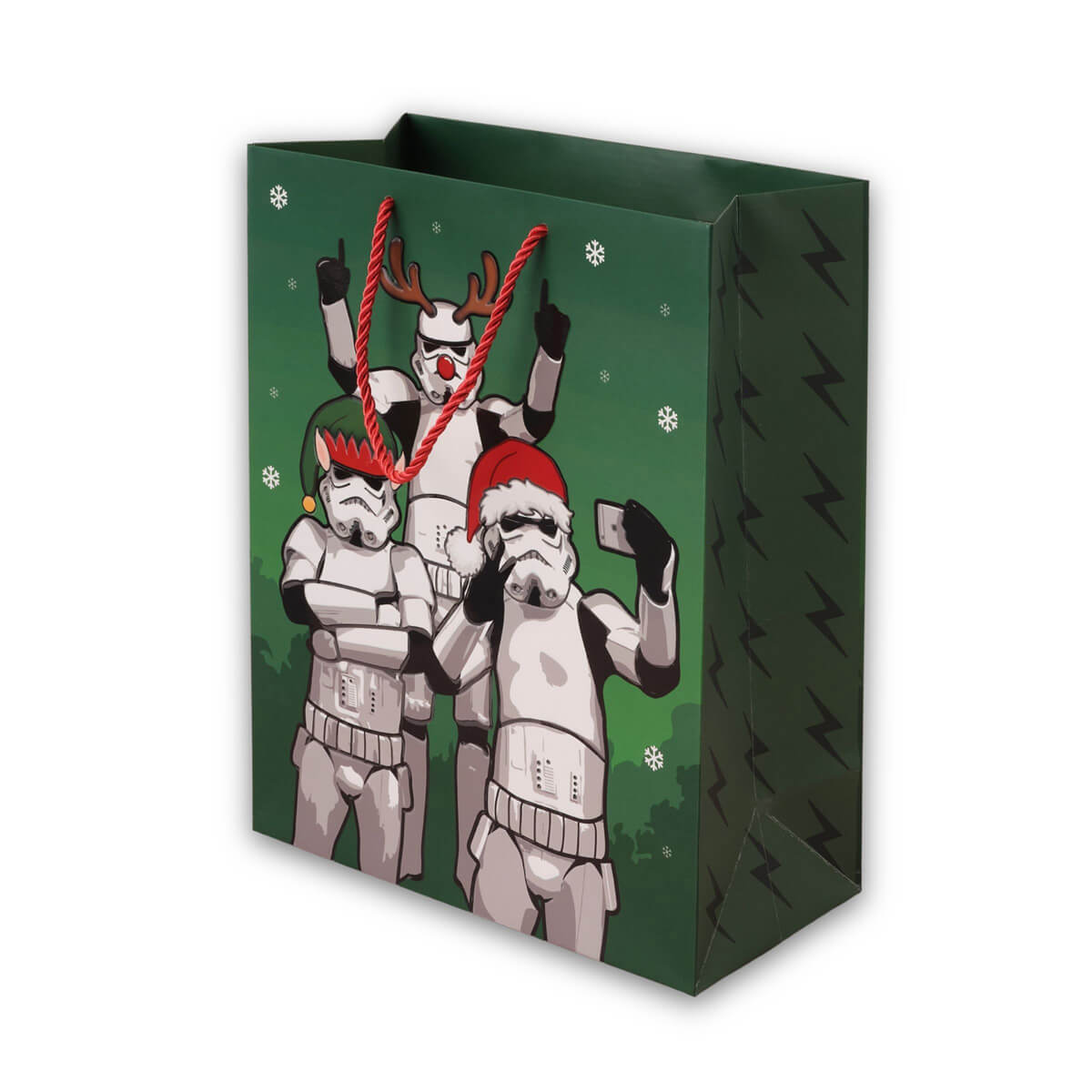 Original Stormtrooper Christmas Gift Bag - Large size - close up image of green gift bag with stormtroopers taking a selfie with santa hats on