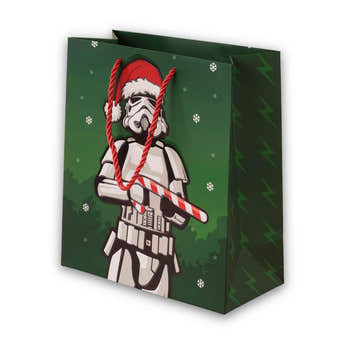 Original Stormtrooper Christmas Gift Bag - Medium sized - close up image showing green gift bag with a stormtrooper wearing a santa hat and holding a candy cane