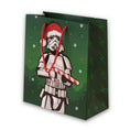 Load image into Gallery viewer, Original Stormtrooper Christmas Gift Bag - Medium sized - close up image showing green gift bag with a stormtrooper wearing a santa hat and holding a candy cane
