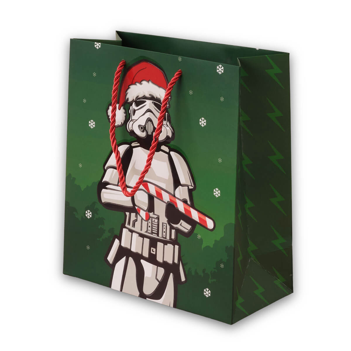 Original Stormtrooper Christmas Gift Bag - Medium sized - close up image showing green gift bag with a stormtrooper wearing a santa hat and holding a candy cane