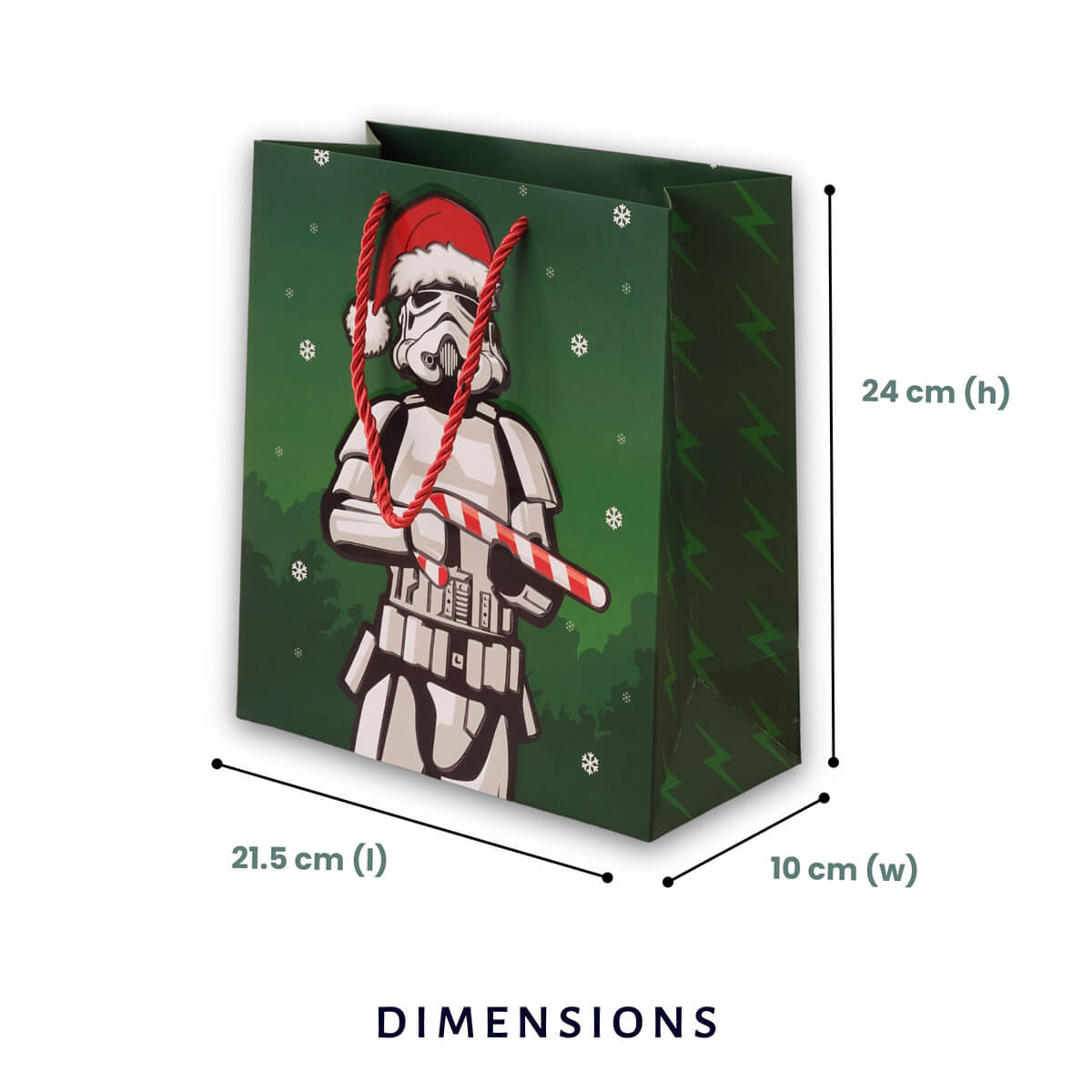 Original Stormtrooper Christmas Gift Bag - Medium sized - dimensions image of gift bag which is 24cm (h) x 21.5cm (l) x 10cm (w)