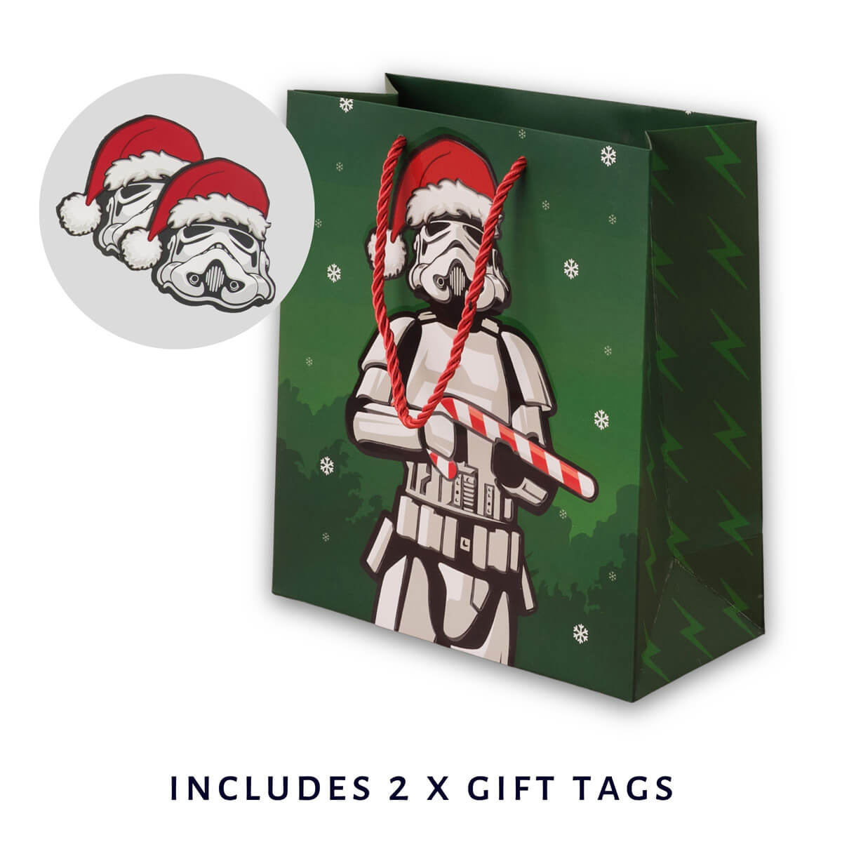 Original Stormtrooper Christmas Gift Bag - Medium sized - close up image showing green gift bag with a stormtrooper wearing a santa hat and holding a candy cane