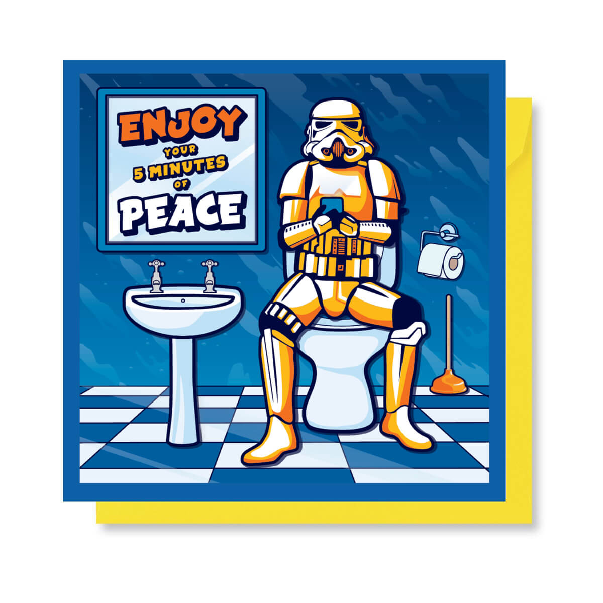 Original Stormtrooper Greeting Card which shows a Stormtrooper sitting on the toilet with 'Enjoy Your 5 minutes of peace' written on the mirror - officially licensed and produced by Cardology