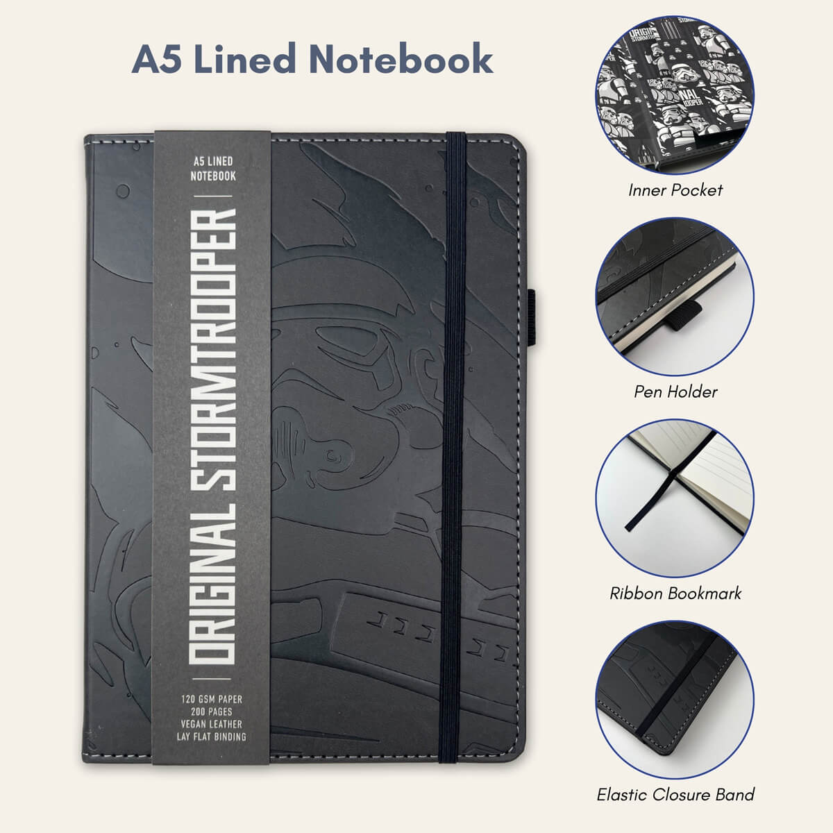 Original Stormtrooper A5 Lined Notebook Journal - black with subtle de-bossed graphic of the Stormtrooper - perfect gift for men