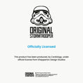 Load image into Gallery viewer, Original Stormtrooper Christmas Gift Wrap Pack of 4 - includes 4 sheets and 4 gift tags - legal disclaimer.  This product has been produced by cardology, under official license from Shepperton Design Studios
