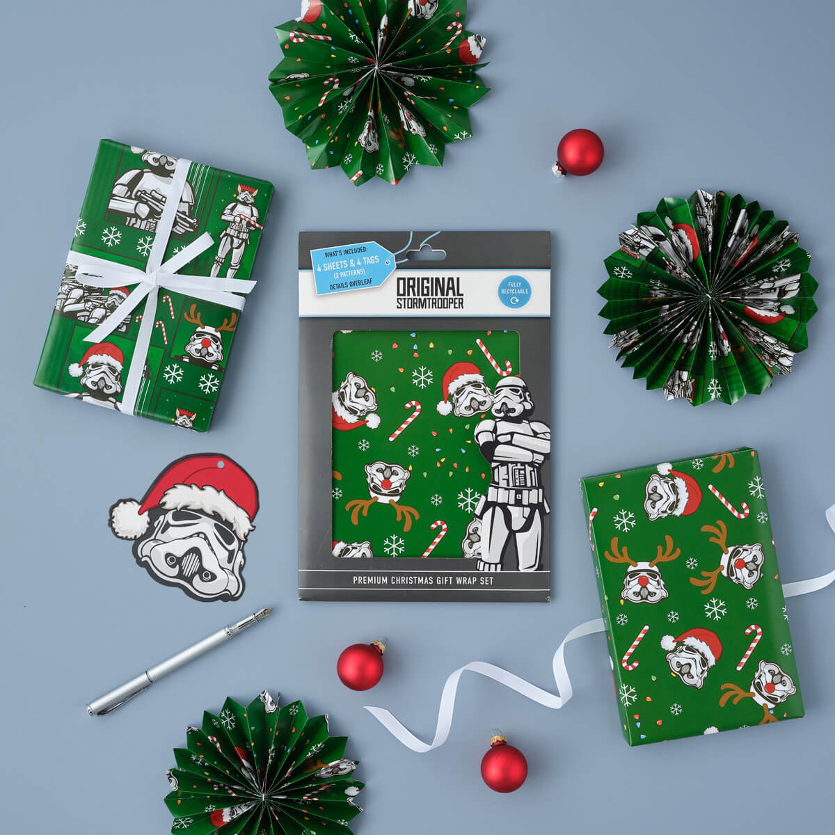 Original Stormtrooper Christmas Gift Wrap Pack of 4 - includes 4 sheets and 4 gift tags - lifestyle image of christmas wrapping paper