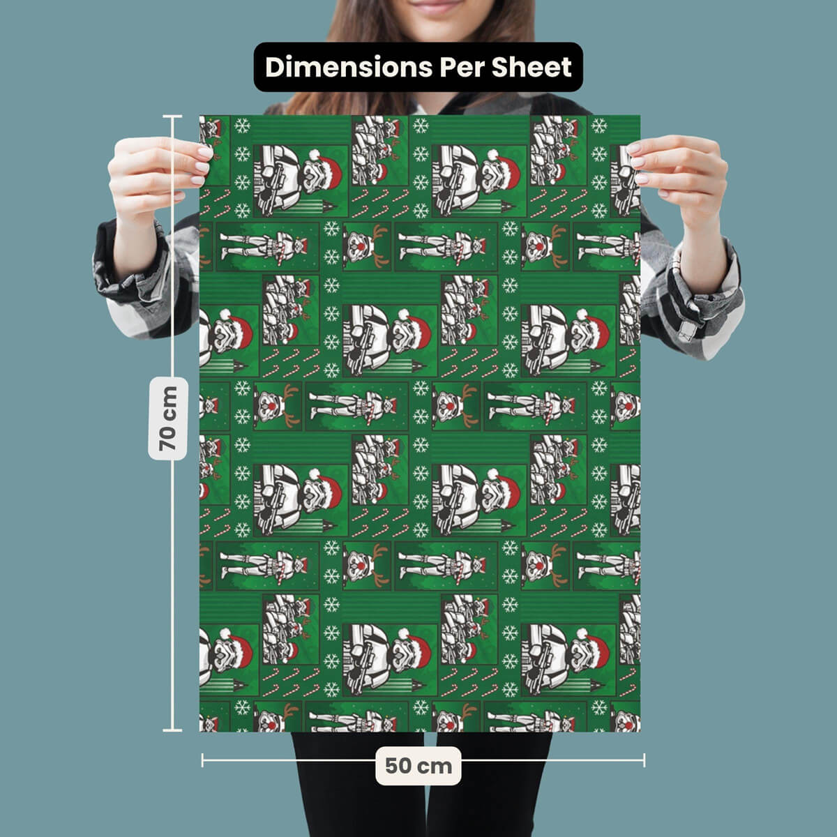 Original Stormtrooper Christmas Gift Wrap Pack of 4 - includes 4 sheets and 4 gift tags - image of pattern 1 dimensions which is 50cm x 70cm per sheet