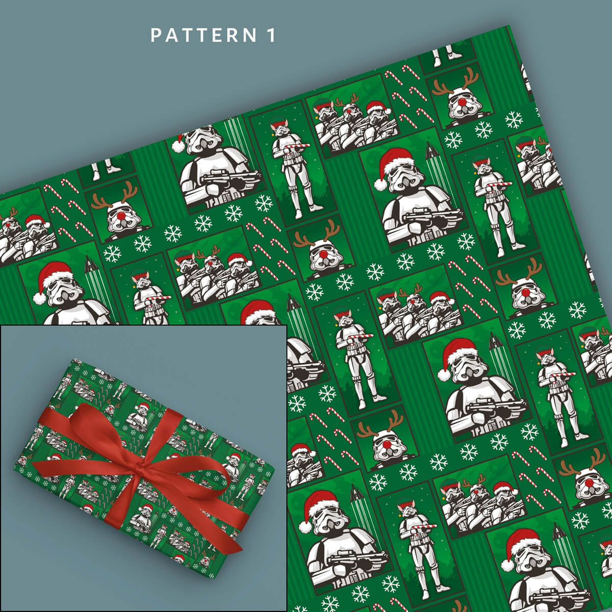 Original Stormtrooper Christmas Gift Wrap Pack of 4 - includes 4 sheets and 4 gift tags - image of pattern 1 of the pack