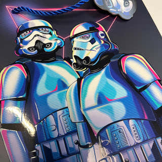 Colourful futuristic Original Stormtrooper gift bag with a retro neon design on a dark blue background.