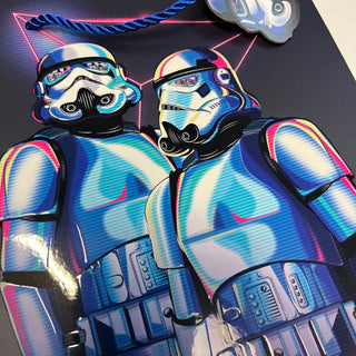 Colourful futuristic Original Stormtrooper gift bag with a retro neon design on a dark blue background.
