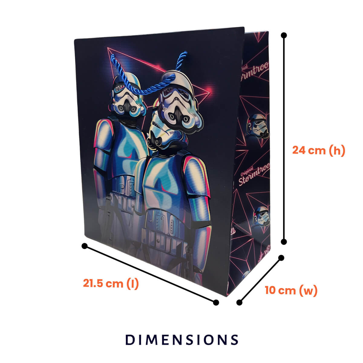 Original Stormtrooper retro neon gift bag dimensions image on a white background