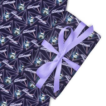 Image of a gift box with Original Stormtrooper retro pattern with purple ribbon on a white background