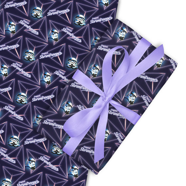Image of a gift box with Original Stormtrooper retro pattern with purple ribbon on a white background