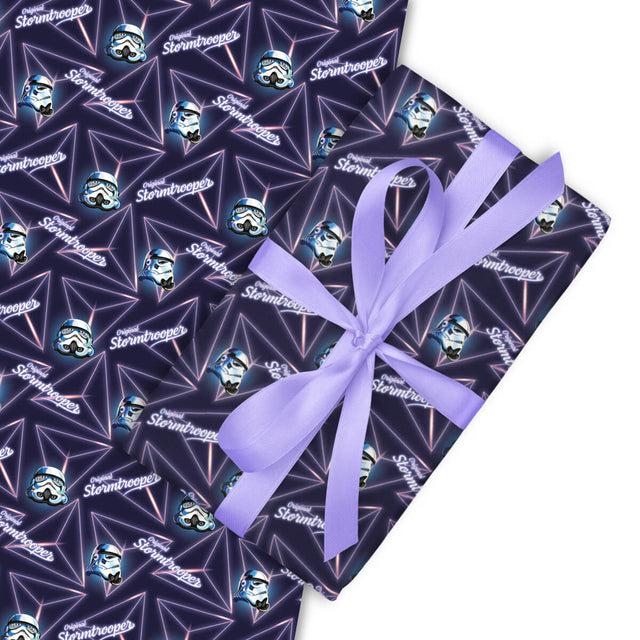 Image of a gift box with Original Stormtrooper retro pattern with purple ribbon on a white background