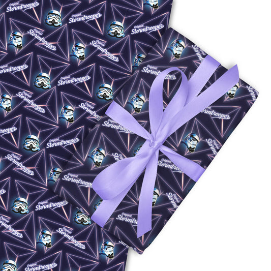 Image of a gift box with Original Stormtrooper retro pattern with purple ribbon on a white background
