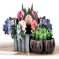 Load image into Gallery viewer, Peonies Pop Up Card by Cardology - Image shows close up of the card which shows a pop up table arrangement of beautiful peonies and a succulent in 3D form. 
