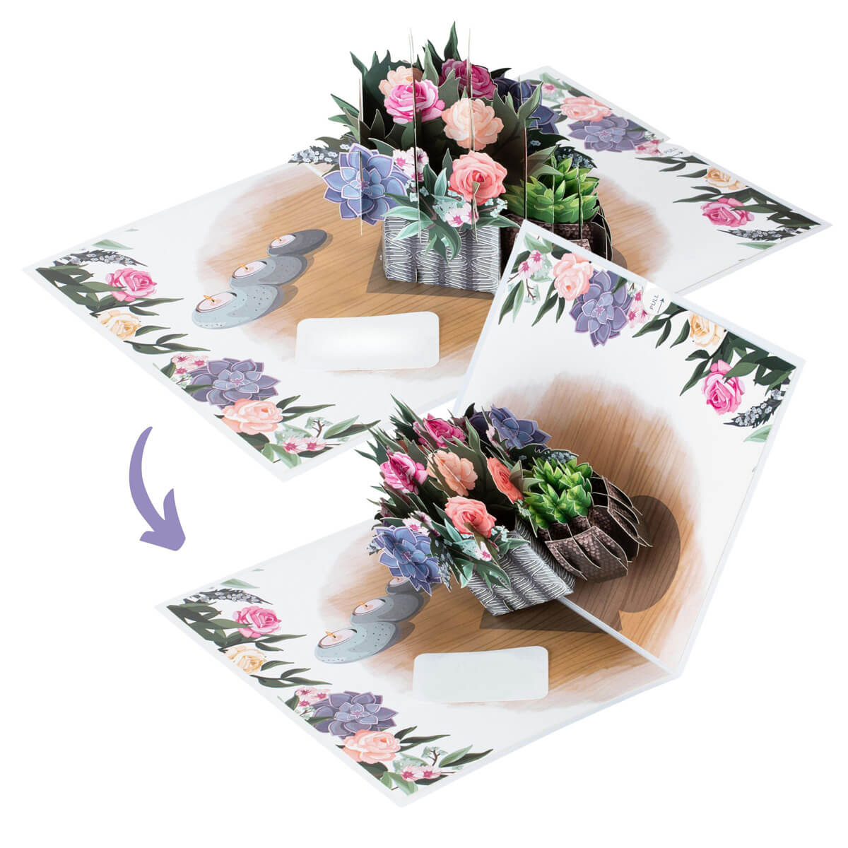 Peonies Pop Up Card by Cardology which is perfect for Birthdays, Mothers Day, Anniversaries or even New Home Congratulations. Image shows a closing image of the pop up card