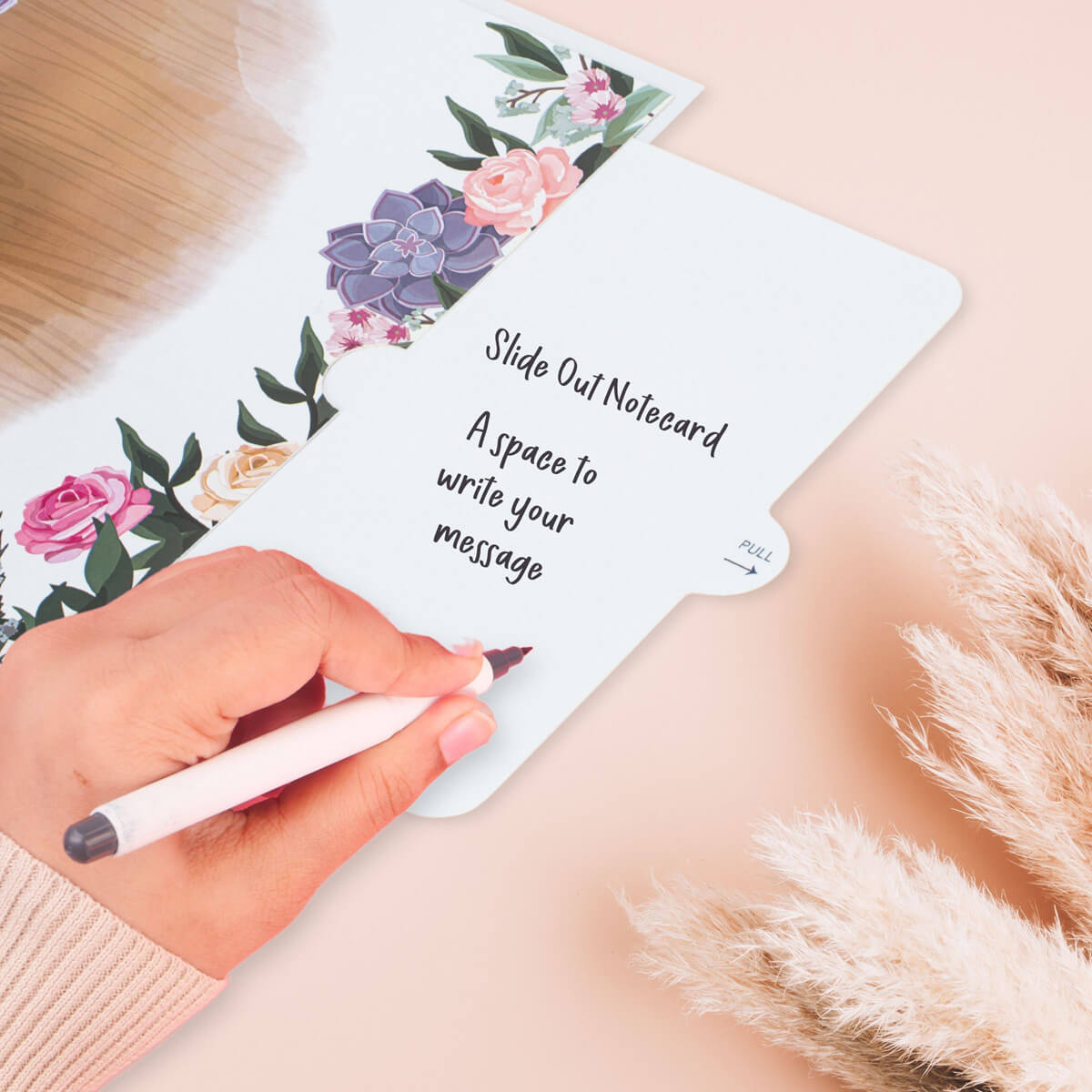 Peonies Pop Up Card by Cardology which is perfect for Birthdays, Mothers Day, Anniversaries or even New Home Congratulations. Image shows a close up of the slide out notecard which gives a space to write the message without compromising the beauty of the pop up inside.