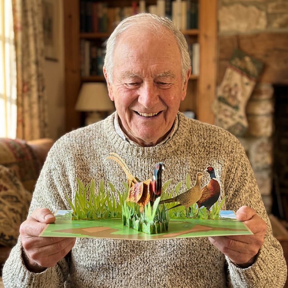 Man holding a pheasant pop-up card in a natural setting