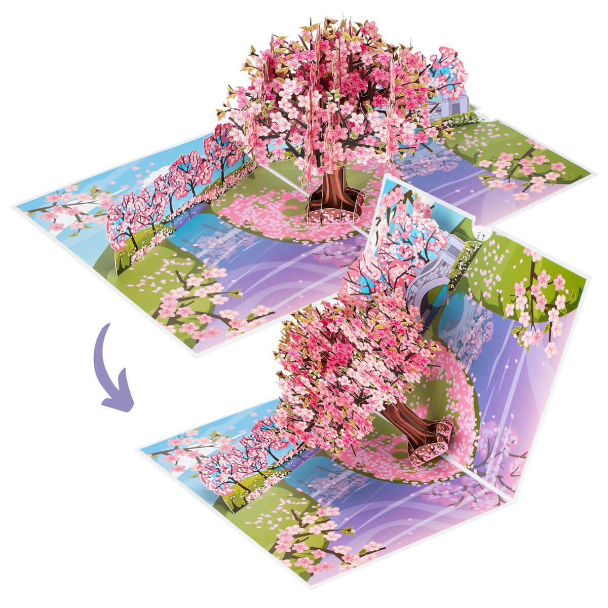 Pink Cherryblossom Tree Pop Up Card perfect for Birthday cards, Mothers Day Cards, Anniversary Cards, Valentines Day and more. This image shows the pop up card closing