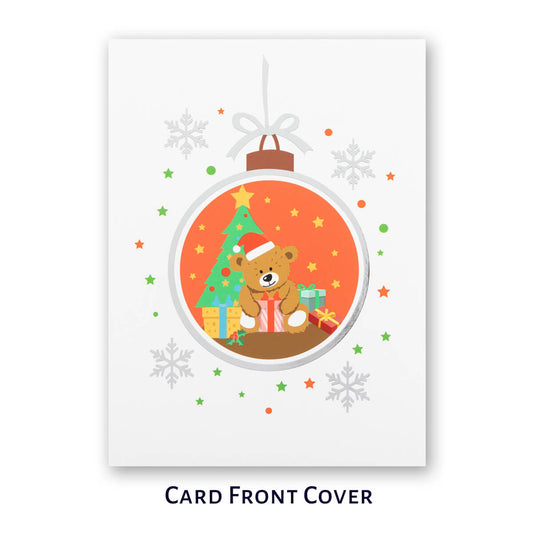 Santa Bear Christmas Pop Up Card by Cardology - image of card front cover on white card with a silver foiled bauble in the middle, filled with a graphic design of a bear with a santa hat on