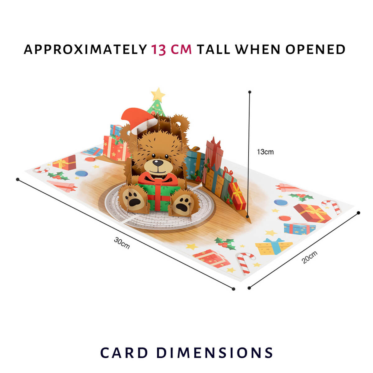 Santa Bear Christmas Pop Up Card by Cardology - dimensions which are 30cm (l) x 20cm (w) and approx 13cm (h)