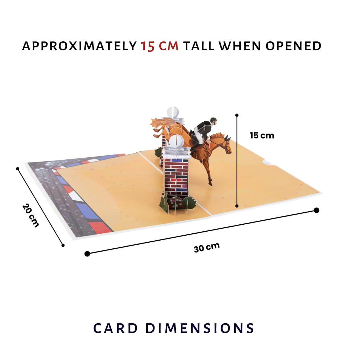 Show jumping pop up card by Cardology - close up image of dimensions which is 30cm (l) x 20cm (w) x approx 15cm (h)