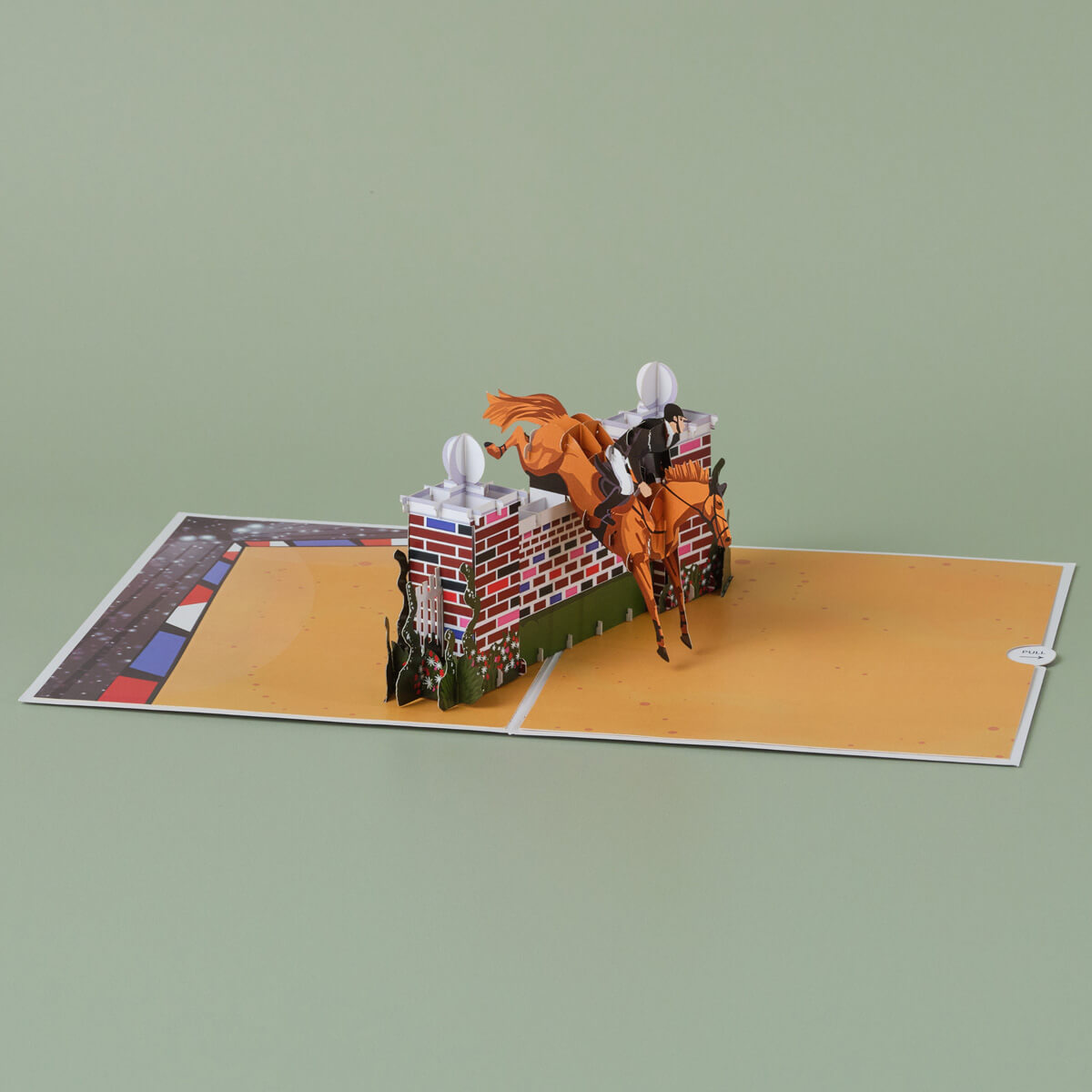 Show jumping pop up card by Cardology - lifestyle image of horse pop up card