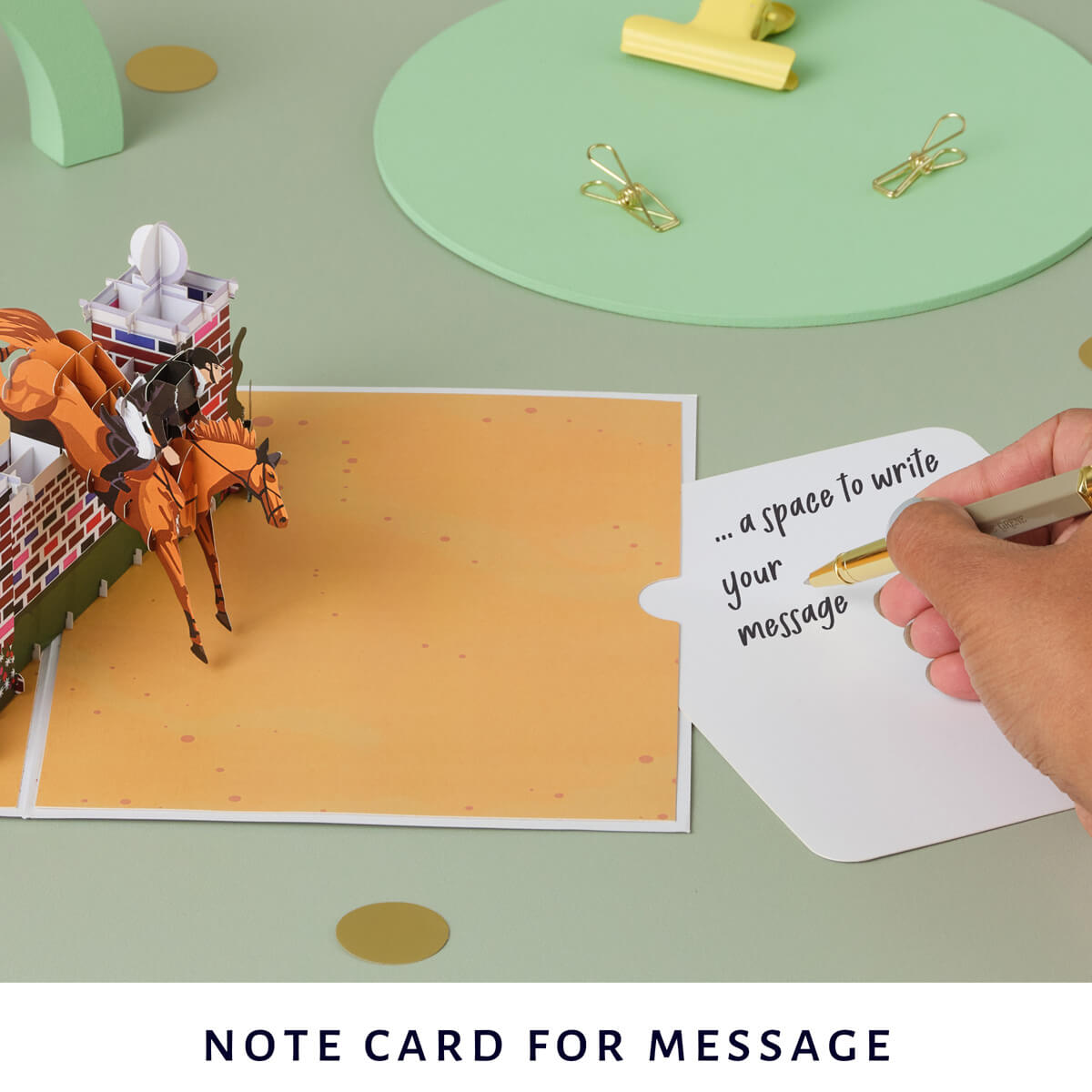 Show jumping pop up card by Cardology - lifestyle image of slide out notecard which gives a place to write your message