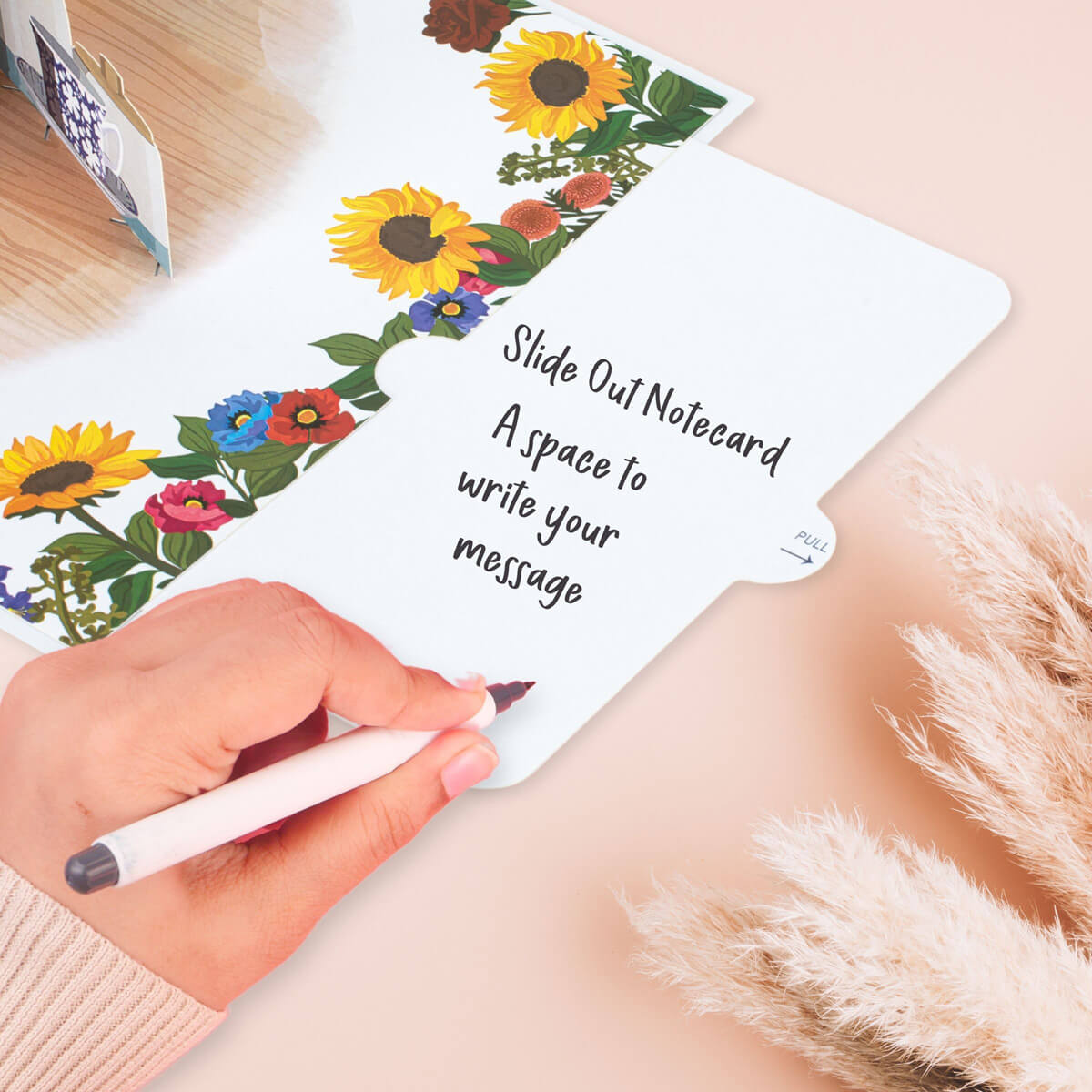 Sunflowers Pop Up Card by Cardology which is perfect for Birthdays, Mothers Day, Anniversaries or even New Home Congratulations. Image shows slide out notecard which gives a space to write message without compromising the beauty of the pop up card.